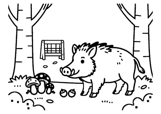 Ein Wildschwein mit kleinen Hauern steht bei Steinpilzen in einem Buchenwald zwischen fallenden Blättern.