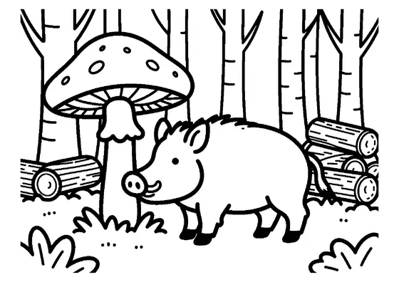 Un mistreț cu colți lângă o ciupercă umbrelă înaltă și deschisă la culoare și o stivă de lemne, într-o pădure de fag.