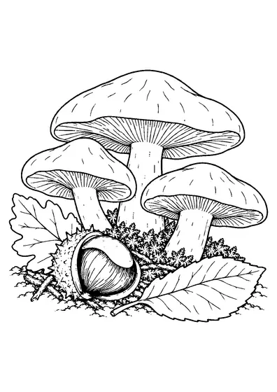 Three broad-capped wood blewit mushrooms beside a split chestnut husk, fallen leaves, twigs, and moss.