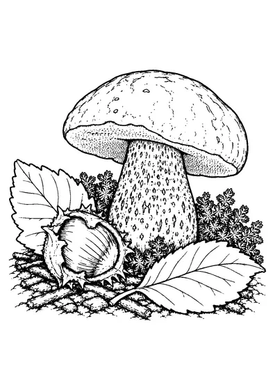 One hornbeam bolete with a rounded cap and speckled stem beside a hazelnut, fallen leaves, moss, twigs, and small stones.