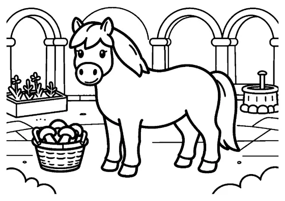 Ein Pony mit Körben voller Steinpilze auf dem gepflasterten Hof eines Klostergartens.