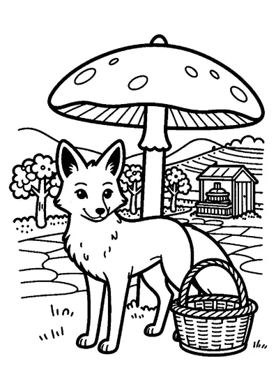 Ein Fuchs steht neben einem stattlichen Parasolpilz auf der Steinterrasse eines herbstlichen Weinbergs.