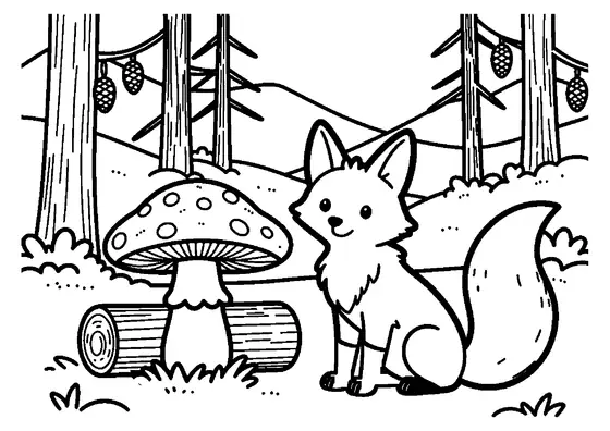 Zorro sentado junto a una gran amanita en un claro de un bosque de pinos.
