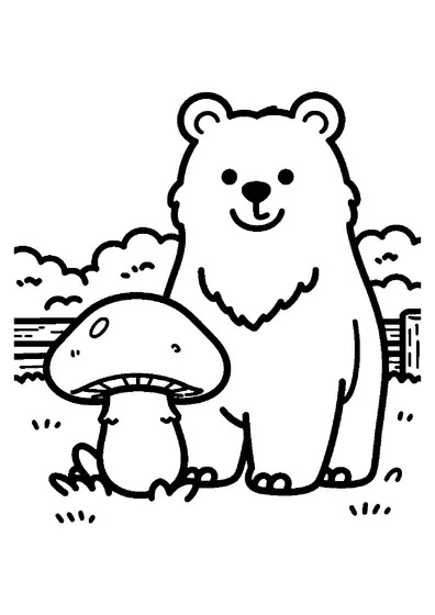 Un oso pardo sentado junto a un boletus gigante y una valla de madera en un claro del bosque.
