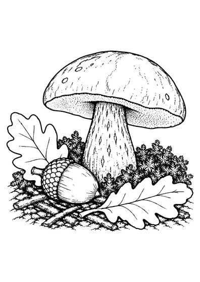 One bay bolete with a rounded cap beside an acorn, oak leaves, moss, short twigs, stones, and forest-floor details.