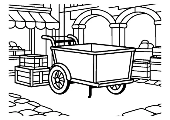 Ein dreirädriges Lastenrad mit Pilzkisten auf einem gepflasterten Marktplatz.