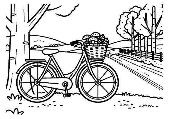 Una bicicleta antigua apoyada en un abedul con la cesta delantera llena de amanitas rojas.