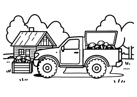 Una camioneta todoterreno aparcada junto a una caja de setas de miel, cerca de la cabaña de un guarda forestal.
