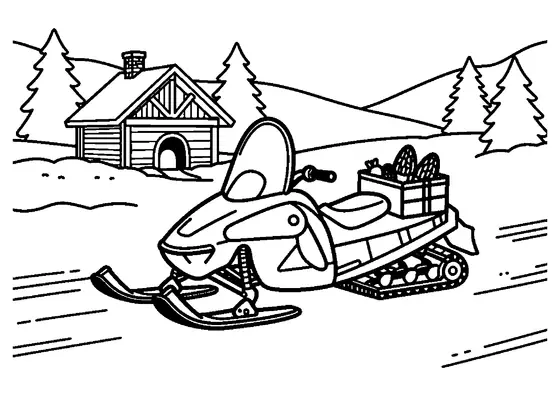 Una moto de nieve arrastra un trineo cargado de colmenillas junto a un refugio de montaña.