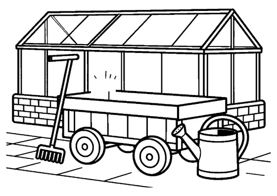Ein Ausmalbild mit einem Gärtnerwagen und Rauhfußröhrlingen bei einem Gewächshaus im Obstgarten.