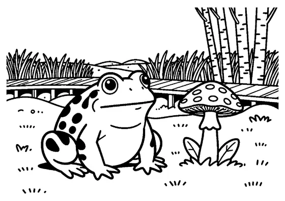 Ein Frosch sitzt neben einem gepunkteten Fliegenpilz in einem herbstlichen Moor.