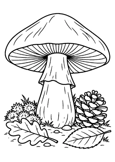 One broad-capped violet webcap beside a pine cone, fallen leaves, moss, pebbles, and short grass-like plants.