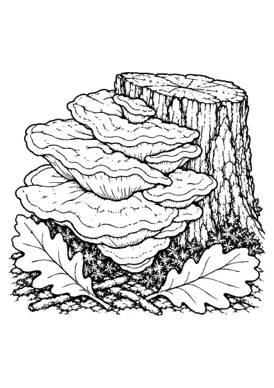 A large cluster of shelf-shaped chicken of the woods fungi on a short stump with oak leaves, moss, twigs, and bark.