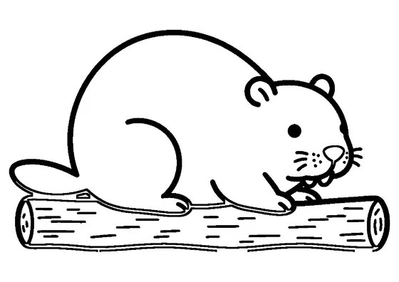 Um castor com uma cauda chata ao lado de um tronco coberto de neve.