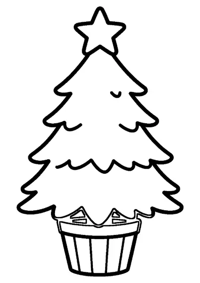 Un piccolo albero di Natale all'interno di un capiente vaso in legno.