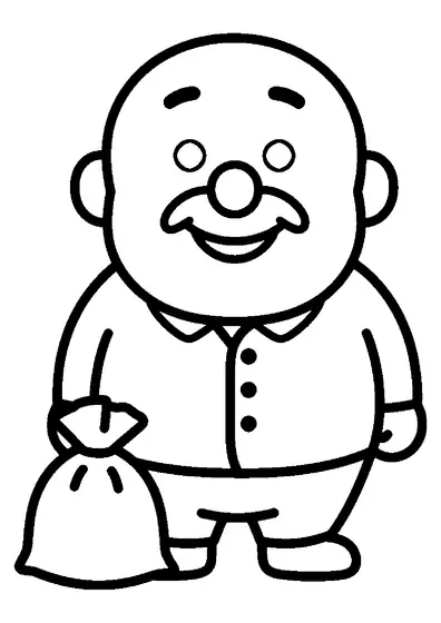Um avô sorridente está ao lado de um grande saco de lenha.