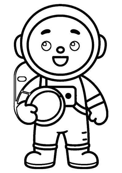 Un bambino vestito da astronauta sta in piedi di fronte mentre tiene un grande casco sotto un braccio.