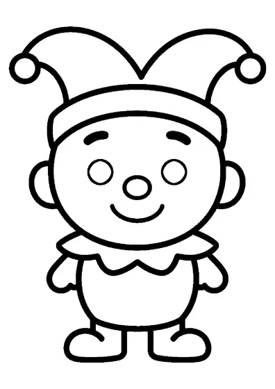 Un bambino in costume da giullare con cappello a due punte, piccoli campanelli e un ampio colletto.