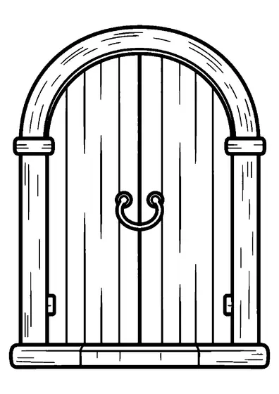 Grande porta arqueada de tábuas grossas com uma fechadura redonda no meio.