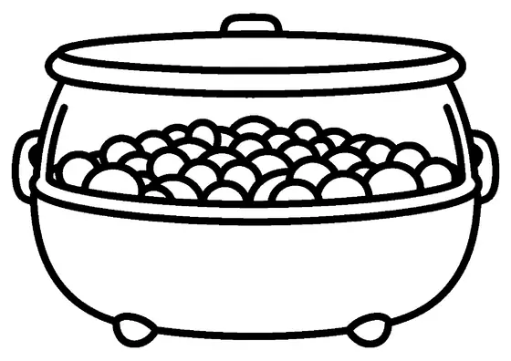 Um caldeirão grande com borda larga, alças e doces visíveis.
