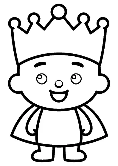 Un bambino vestito da re in piedi a figura intera con una grande corona e una mantellina corta.