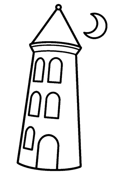 Uma torre alta e curva com um telhado cónico e uma lua crescente por perto.