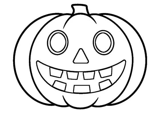 Una grande zucca di Halloween intagliata con occhioni e diversi denti squadrati.