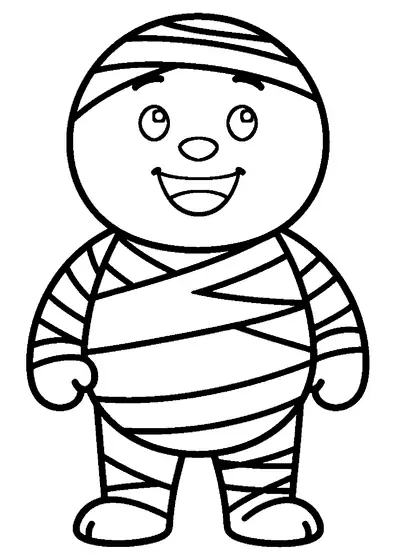 A cheerful mummy facing forward, wrapped in wide strips of cloth.