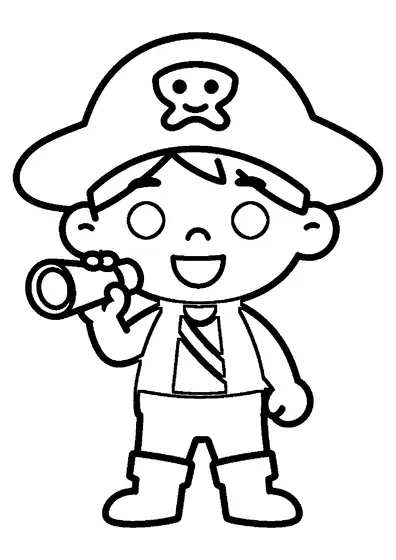 Un bambino in costume da pirata sta in piedi di fronte mentre tiene un cannocchiale chiuso.