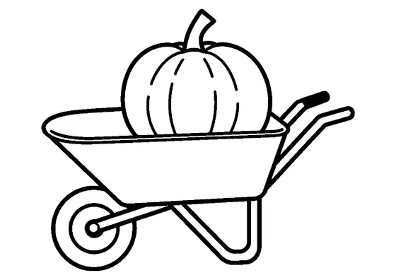A garden wheelbarrow with a large wheel, long handles, and a pumpkin inside.