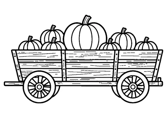 A wooden farm wagon with large wheels, slatted sides, and a fall harvest load.