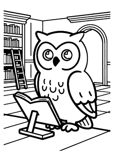 Uma coruja grande está sentada numa secretária perto de um livro aberto numa antiga biblioteca.