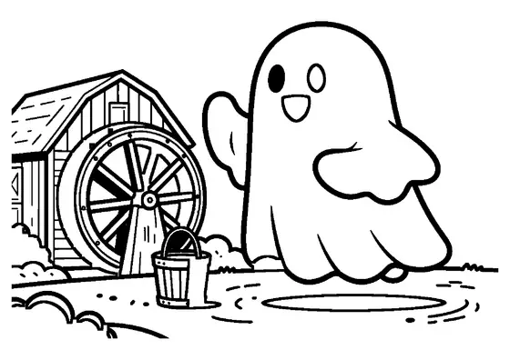 En glad spöke flyger bredvid ett stort vattenhjul vid en gammal träkvarn.