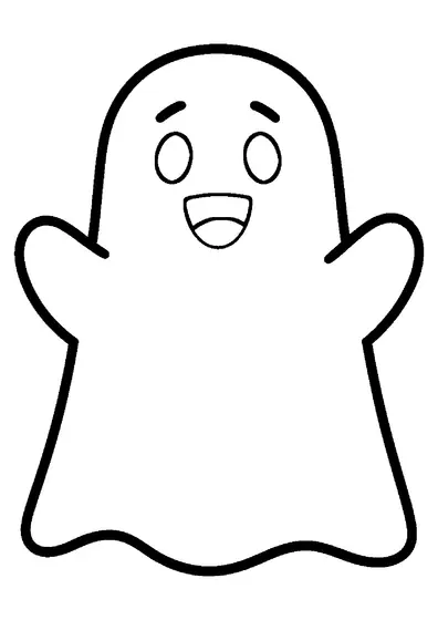 Un fantasma simpatico con il bordo inferiore a onde, braccia alzate e un viso allegro.