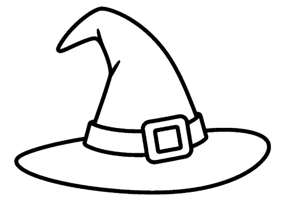 Un cappello da strega a punta con un'ampia tesa e una grande fibbia quadrata.