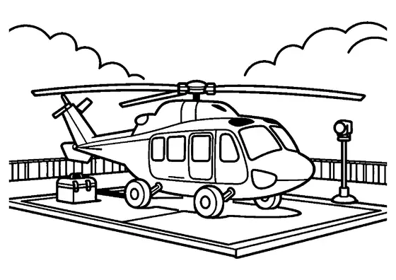 Un elicopter-ambulanță pregătit pe o platformă de aterizare, lângă un turn de control.