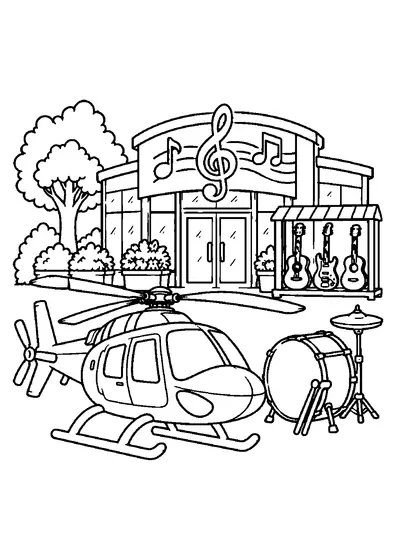 Small helicopter outside a music center with a large drum, drumsticks, cymbal stand, three guitars, tree, and planters.