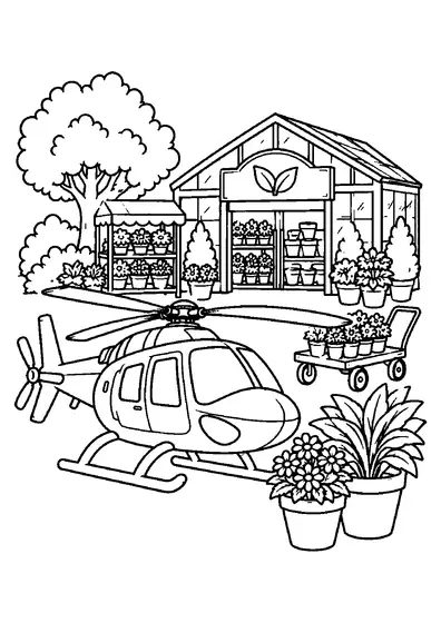 Small helicopter by a greenhouse-style garden center with large potted plants, a flower cart, shelves, and shrubs.