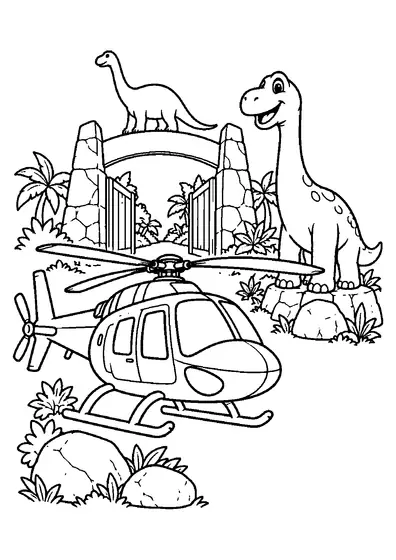 Helicopter by an open dinosaur park gate with a long-necked dinosaur statue, rocks, and tropical plants.