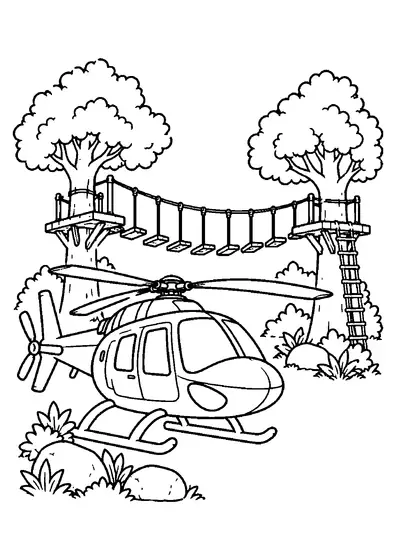 Helicopter beside a rope course with two platform trees, a hanging plank bridge, ladder, rocks, and bushes.