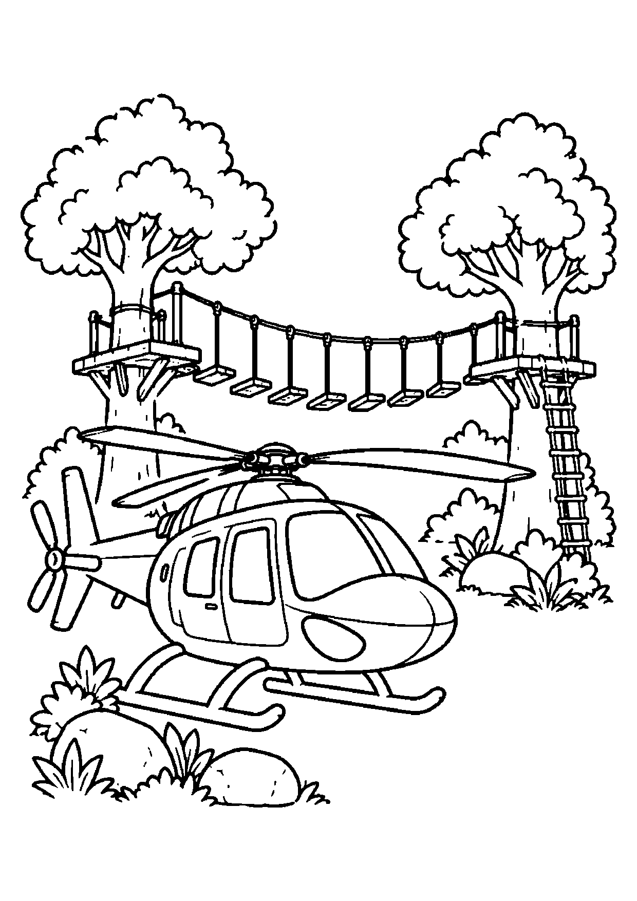 Helicopter beside a rope course with two platform trees, a hanging plank bridge, ladder, rocks, and bushes.