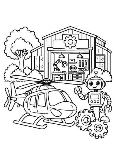Small helicopter outside a robotics workshop with a friendly robot, two large gears, robotic arm, tools, and benches.