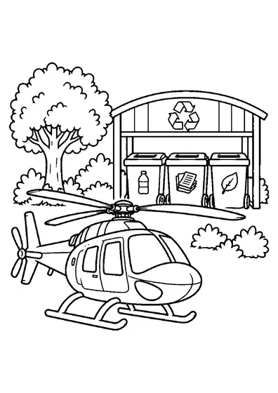 Small helicopter by a recycling station with three sorting bins, a recycling symbol, one tree, and bushes.