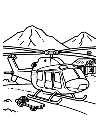 Elicopter montan de salvare, dotat cu troliu, așezat pe zăpadă în fața unei cabane din lemn.