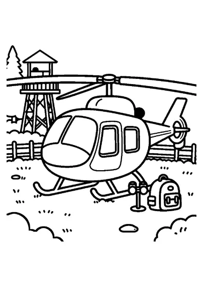 Un elicopter ușor de observație, staționat pe o zonă pavată lângă un turn forestier de supraveghere.