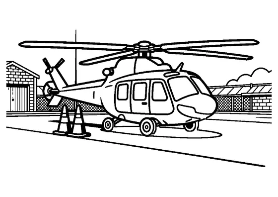 Elicopter de patrulare cu reflector, parcat pe asfalt lângă gardul unui depou.