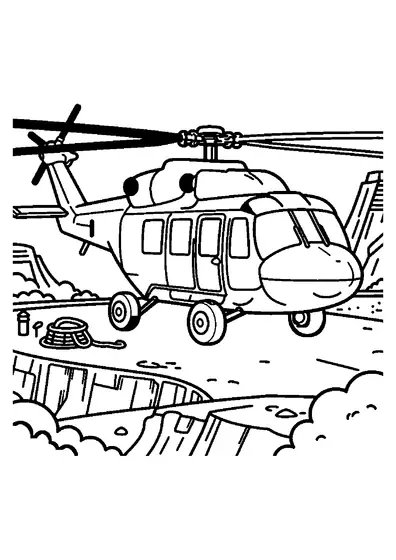 Großer Rettungshubschrauber mit Korb und Seil auf einem steinernen Landeplatz zwischen den Wänden einer Schlucht.