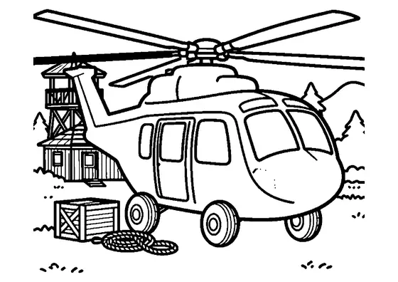 Un elicopter cargo mare, cu roți, parcat lângă un turn forestier de observație și lăzi din lemn.