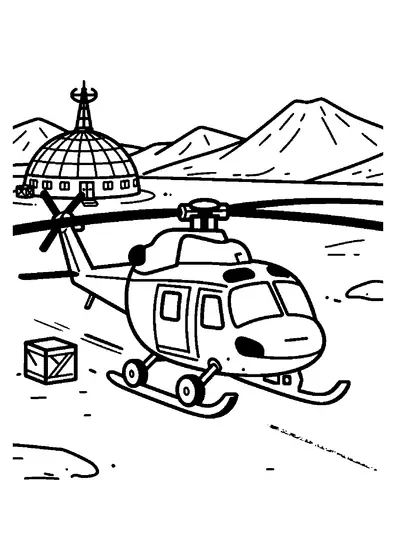 Elicopter de cercetare pe tălpi de aterizare, aflat lângă o stație polară și un ghețar.