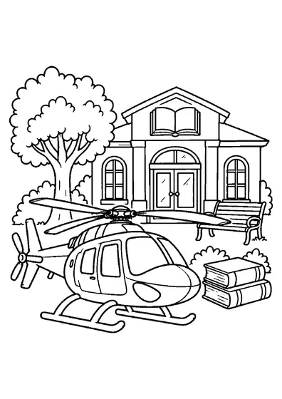 Helicopter outside a small city library with a bench, two large displayed books, one tree, and nearby bushes.